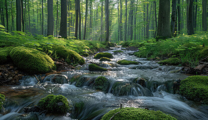 A serene forest scene with lush green trees, a meandering stream flowing through the center of the frame, mist rising from its surface. Created with Ai
