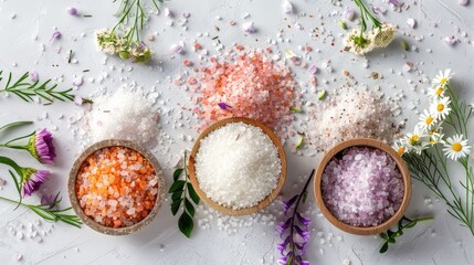 Three bowls filled with different types of sea salt. Ideal for culinary or spa concepts