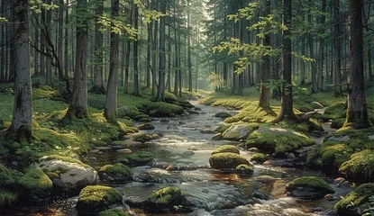 Schilderijen op glas A serene forest scene with a flowing stream, surrounded by lush greenery and sunlight filtering through the trees. Created with Ai © Image Innovate