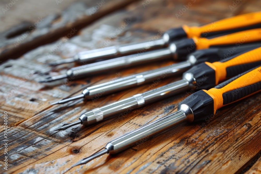 Poster various tools arranged neatly on a wooden surface. suitable for diy and construction projects