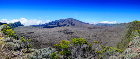Panoramic view of volcanic landscape with the Peak of the Furnace at Reunion Island