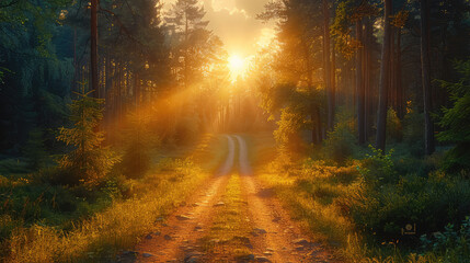  Sunset light in the forest, dirt road leading to heaven, photo realistic painting in the style of golden hour. Created with Ai