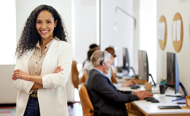 Business woman, portrait and entrepreneur with call center for company, excited and happy for...