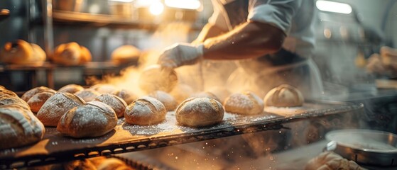 A baker is making bread in a bakery
