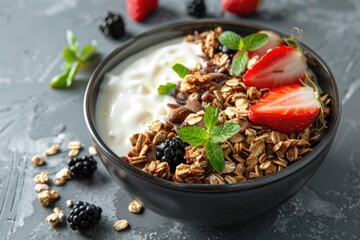 A bowl of yogurt topped with strawberries and blackberries. Perfect for healthy eating concepts