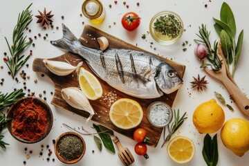 Fresh fish prepared with lemons and spices, perfect for seafood recipes - obrazy, fototapety, plakaty