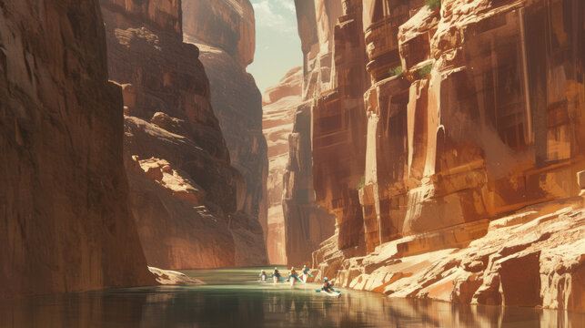 A group of kayakers navigating a winding river through a canyon, majestic rock formations on either side, the excitement and energy of the adventure