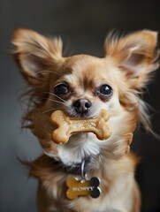 Chihuahua Savoring Delicious Bone-Shaped Treat in Cinematic Studio Portrait
