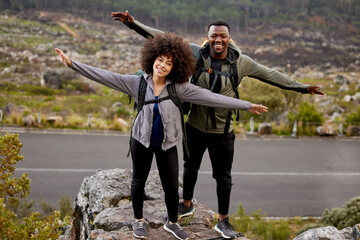 Couple, hiking or outdoor in portrait together for fitness, journey or climbing and travel. Relax,...