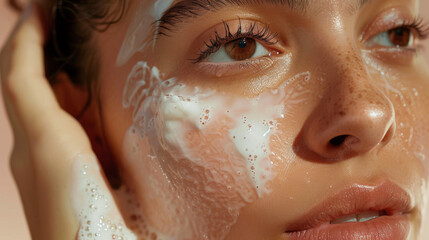 Fototapeta premium Close-up of a young woman applying cream to her face. Nice woman takes care of her skin. Concept of cosmetology, self-care.