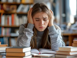 A girl is sitting at a desk with a stack of books and a book open in front of her. She is wearing a gray sweater and she is in a state of distress