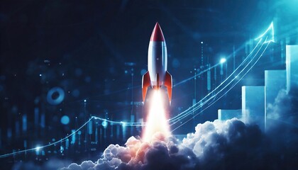 Rocket launch, growth business web banner. reactive rapid growth of economic indicator. Success is Startup. economy and financial growth