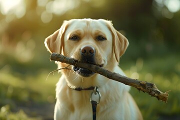 Playful Labrador Retriever Eagerly Holding Stick for Fetching in Sunlit Park