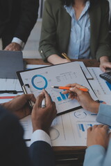 Co working conference, Business team meeting present, investor colleagues discussing new plan financial graph data on office table with laptop and digital tablet, Finance, accounting, investment.