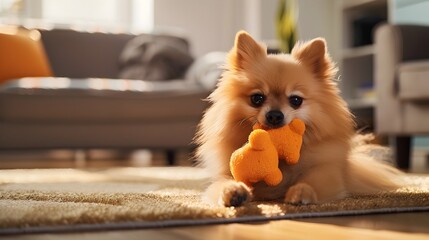 Playful Pomeranian Pup Happily Enjoying Squeaky Toy on Cozy Living Room Floor - obrazy, fototapety, plakaty