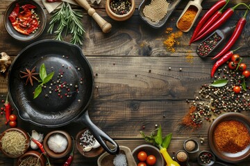 A frying pan filled with spices on a wooden table. Perfect for food blogs - obrazy, fototapety, plakaty