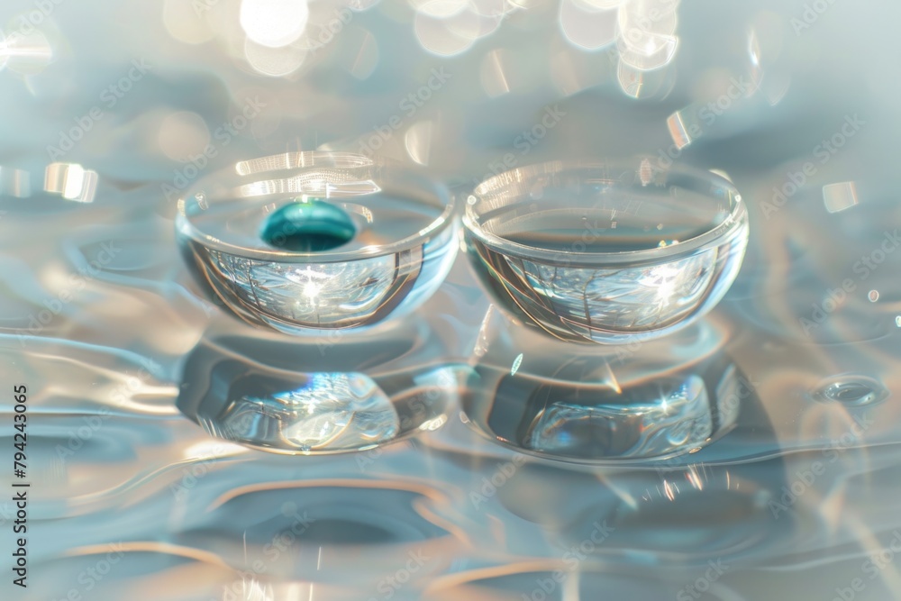 Poster two glasses placed on a table, suitable for various concepts