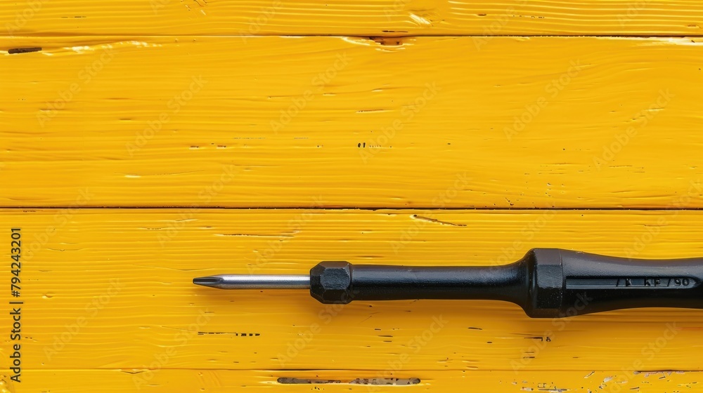 Poster a screwdriver laying on a yellow wooden surface. suitable for hardware or diy projects