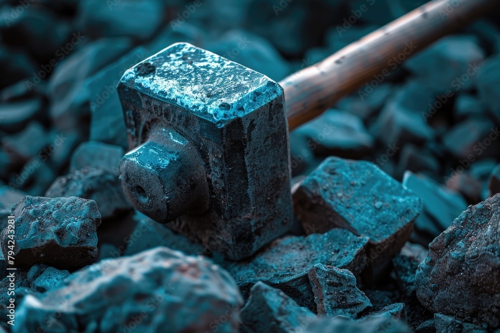 Poster A hammer resting on a pile of rocks, suitable for construction projects
