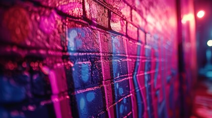 Close-up of a brick wall with neon graffiti, showcasing vibrant urban street art.