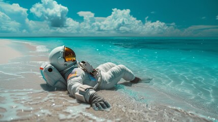 Astronaut relaxing on tropical beach