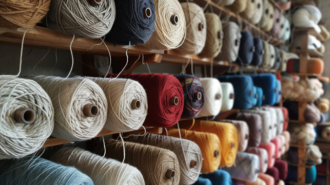 Multicolored yarn spools used in textile industry. Set of colored threads for sewing on coils. Pile of big colorful spools of thread. Colored thread spools of thread large class, textiles, back