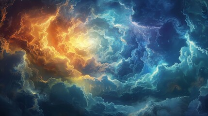 Digital artwork of a dramatic cloudscape, blending warm and cool tones to create a visually stunning celestial scene. - obrazy, fototapety, plakaty