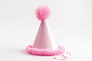 A cute pink party hat with a fluffy pink pom pom, perfect for celebrations