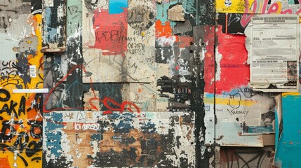 A textured collage showcasing a mix of graffiti, torn posters, and peeling paint on an urban wall,...
