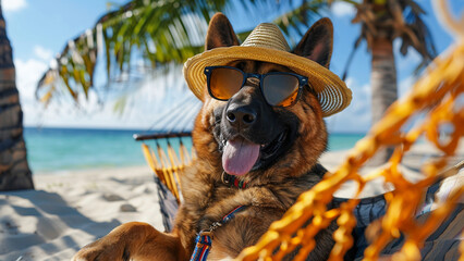 Happy Alsatian relaxing on the hammock at the beach