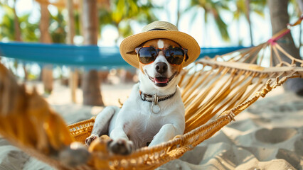 Fototapeta na wymiar Happy Jack Russell relaxing on the hammock at the beach
