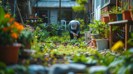 Fototapeta na wymiar A person gardening in a small backyard, tending to plants and flowers, a variety of gardening tools and pots