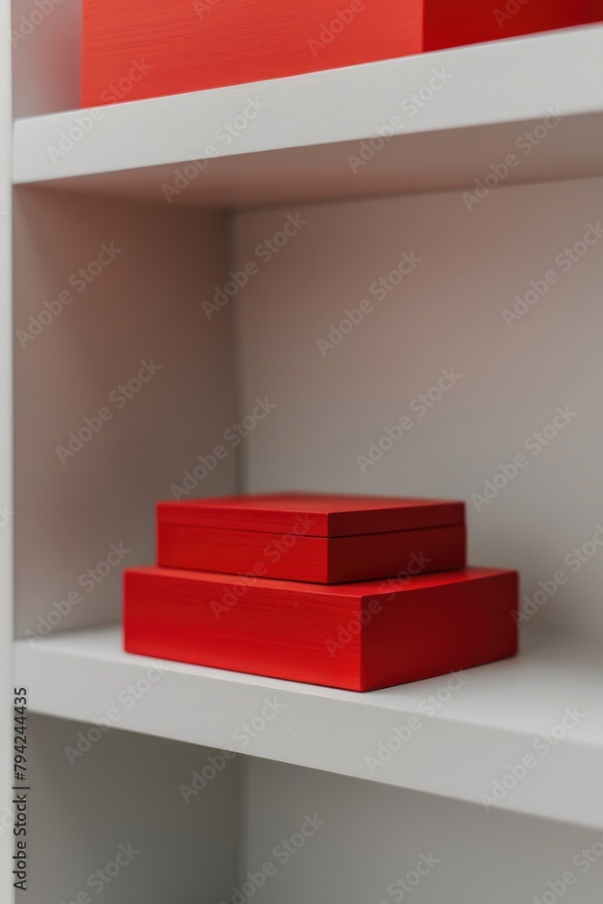Poster a red box placed on a white shelf. suitable for various concepts and designs