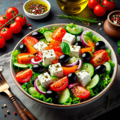 Fresh Mediterranean salad: feta cheese, tomato, lettuce, black olives and onion