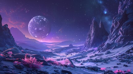 An enchanting alien valley under a night sky, illuminated by a gigantic glowing moon and fluorescent flora. - obrazy, fototapety, plakaty
