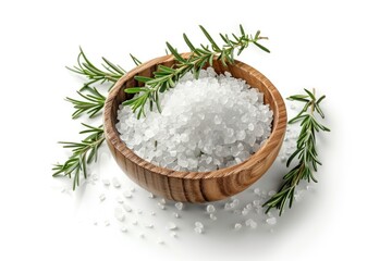 Fototapeta na wymiar A wooden bowl filled with sea salt and a sprig of rosemary. Perfect for food and cooking concepts