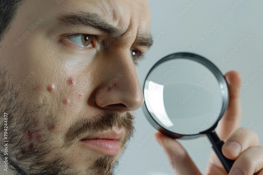 Poster man examining something with a magnifying glass, suitable for educational or investigative concepts