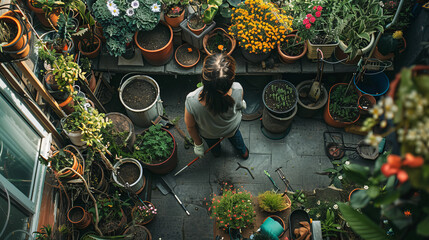 A person gardening in a small backyard, tending to plants and flowers, a variety of gardening tools and pots