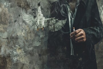 A man holding a cigarette in front of a bird. Suitable for smoking awareness campaigns - obrazy, fototapety, plakaty
