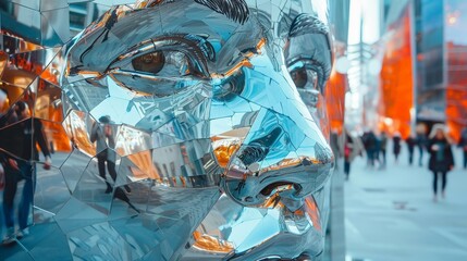 Close-up of a reflective metallic sculpture of a human face with distorted urban reflections on its...