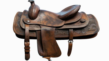 a brown leather saddle with a white background - obrazy, fototapety, plakaty