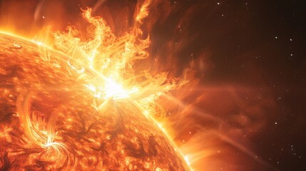 A dramatic representation of a massive solar flare erupting from the sun's fiery surface into the dark void of space.
