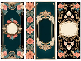 Art Nouveau-colored empty banners. Romantic art deco modern frames with floral ornaments, vintage color borders, retro packaging decor with flowers