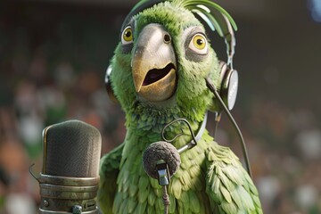 A green parrot wearing headphones speaks into a microphone, showing expression and enthusiasm. - obrazy, fototapety, plakaty