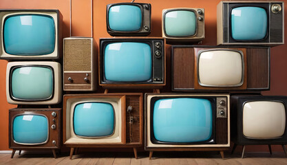 Stack of retro TV and radio set from circa 60s, 70s and 80s of XX century. Vintage television concept. Generative AI 