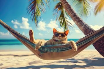 A satisfied cat in sunglasses rests in a hammock on the beach. Holidays with pets