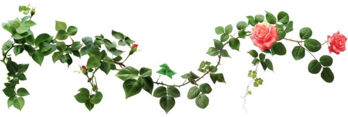 set of vignettes of roses and ivy, combining the elegance of rose blooms with the rugged texture of ivy leaves, isolated on transparent background