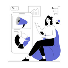 Mobile marketing. Marketer with megaphone promotes product or service.Business communication, attracting new customers. Vector illustration with line people for web design.