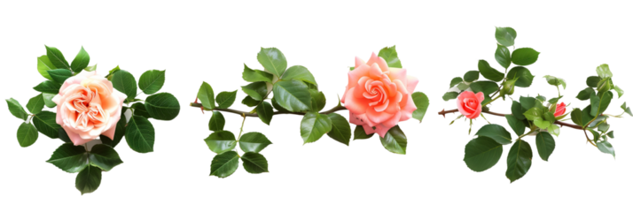 set of vignettes of roses and ivy, combining the elegance of rose blooms with the rugged texture of ivy leaves, isolated on transparent background