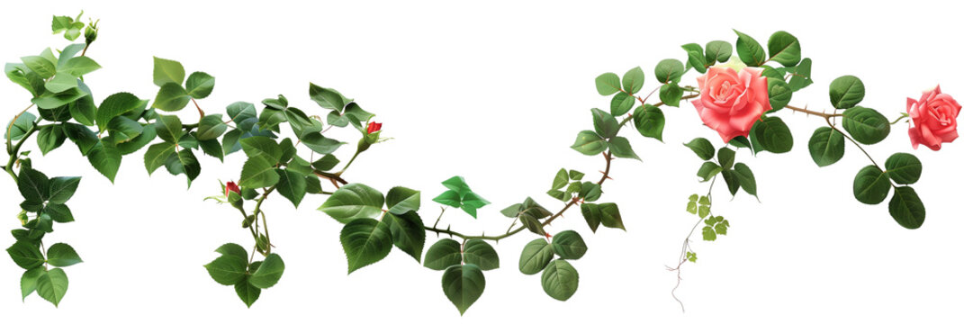 set of vignettes of roses and ivy, combining the elegance of rose blooms with the rugged texture of ivy leaves, isolated on transparent background